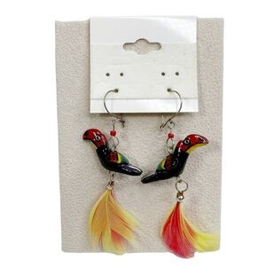 Toucan Tropical Bird & Feather Wooden Pierced Earrings